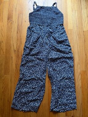 Old Navy Navy Blue Floral Smocked Romper with Wide Legs